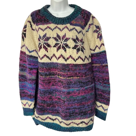 Sweater Chunky Handknit Size XL Pullover Snowflake Purple Cream Womens - Picture 1 of 4